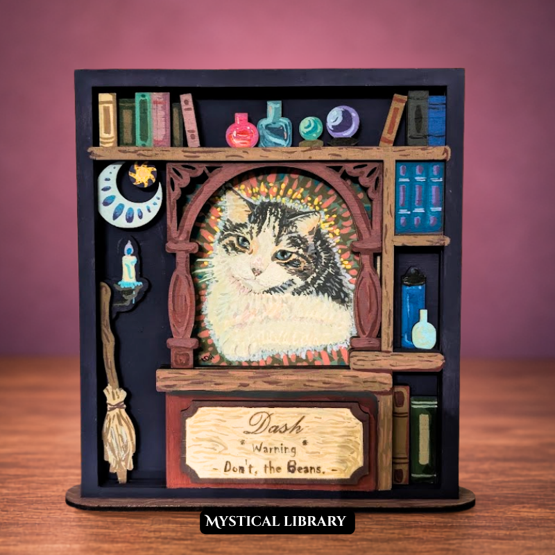 Mystical Library pet portrait shadowbox