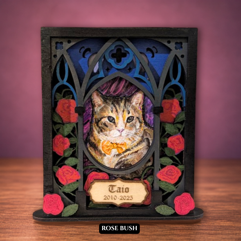 Gothic arches and roses layered wooden pet portrait